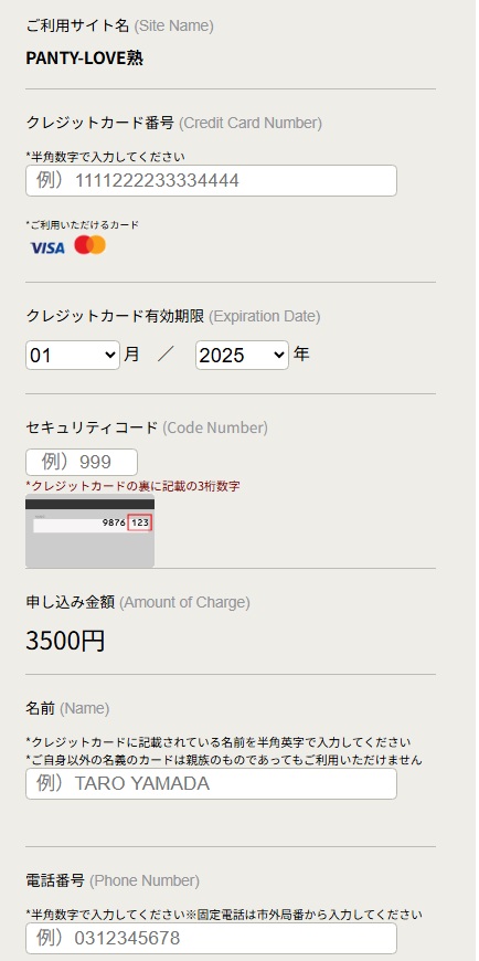 パンティラブクレジットカード決済画面